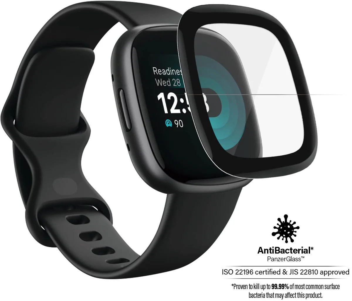 Screen Protector Geschikt voor Fitbit Versa 3 / 4 / Sense - Case Friendly Tempered Glass Antibacterieel Zwart från PanzerGlass i Transparent – produktbild