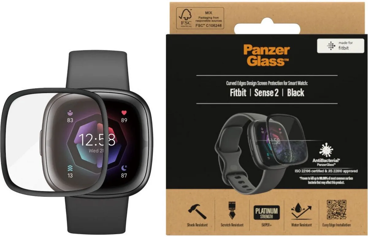 Screen Protector voor de Fitbit Sense 2 - Case Friendly Tempered Glass Antibacterieel från PanzerGlass i Svart – produktbild