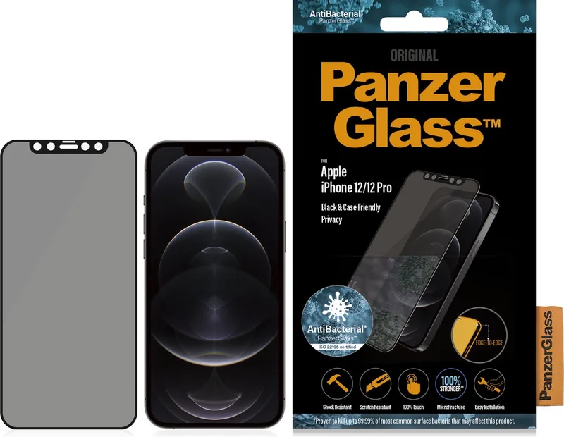 Screenprotector geschikt voor Apple iPhone 12 Glazen | PanzerGlass Edge to Edge Screenprotector Privacy - Case Friendly - Zwart van PanzerGlass – productfoto