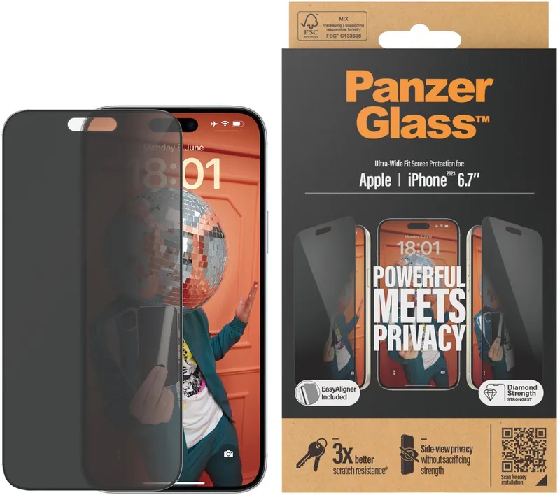 Screenprotector geschikt voor Apple iPhone 15 Plus Glazen | PanzerGlass Ultra-Wide Fit Screenprotector Privacy - Case Friendly + Installatie Frame de PanzerGlass – photo produit