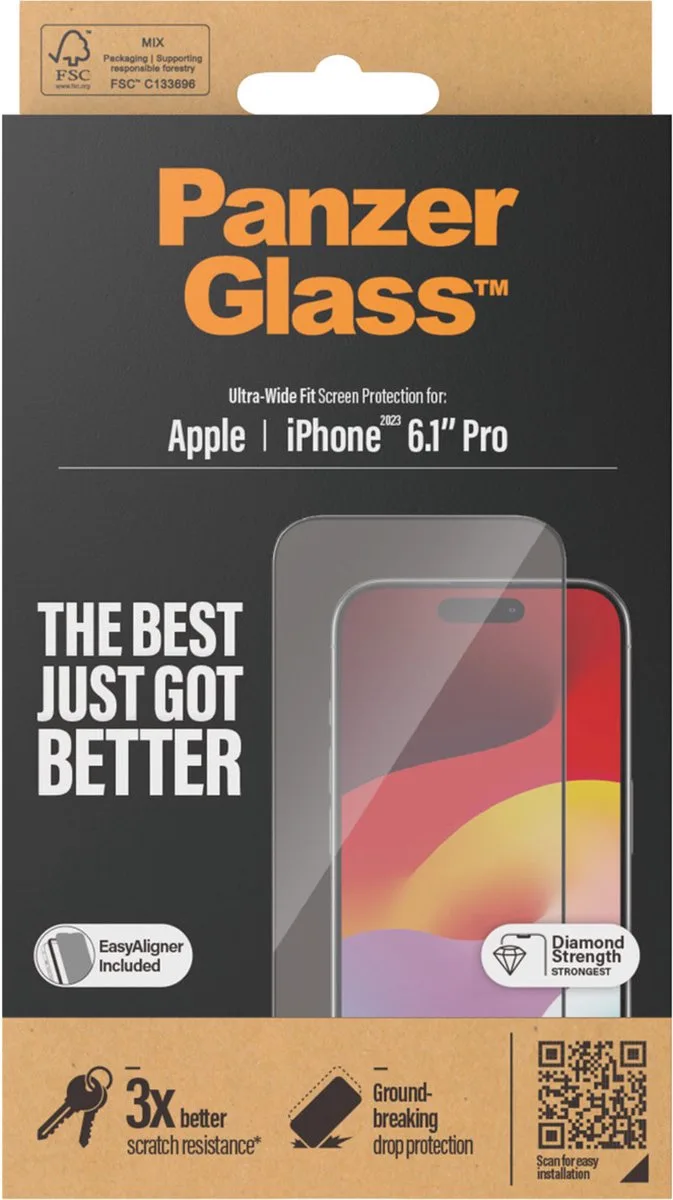Screenprotector geschikt voor Apple iPhone 15 Pro Glazen | PanzerGlass Ultra-Wide Fit Screenprotector - Case Friendly + Installatie Frame - Zwart van PanzerGlass – productfoto