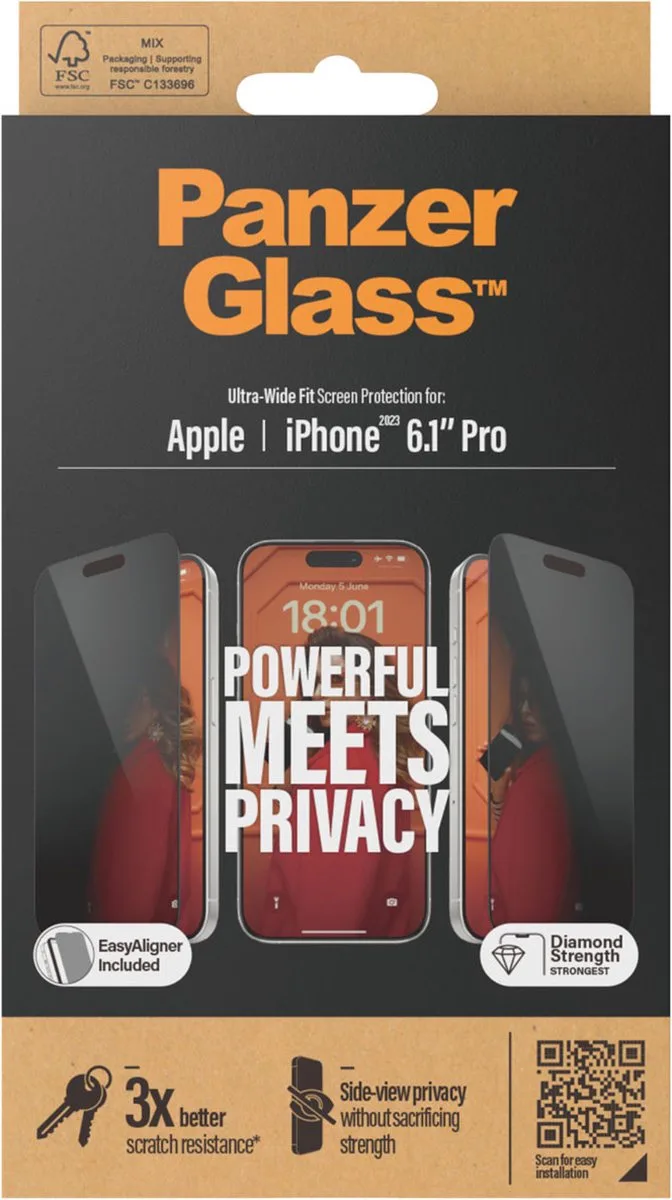 Screenprotector geschikt voor Apple iPhone 15 Pro Glazen | PanzerGlass Ultra-Wide Fit Screenprotector Privacy - Case Friendly + Installatie Frame van PanzerGlass – productfoto