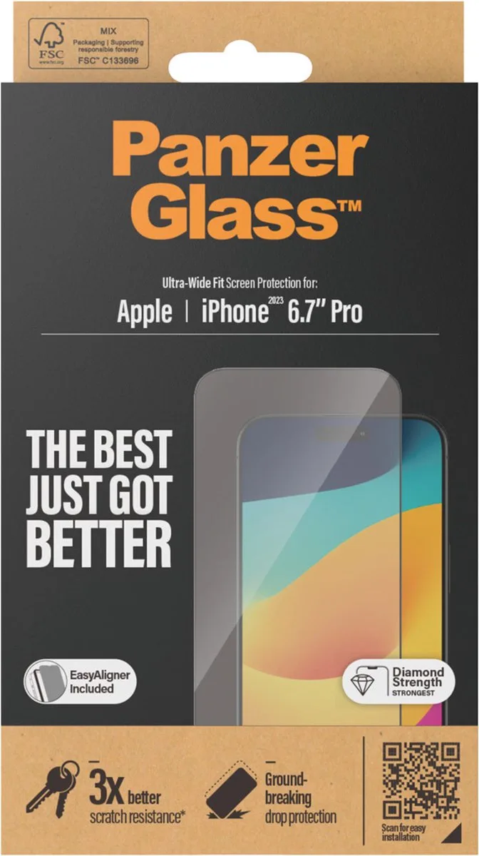 Screenprotector geschikt voor Apple iPhone 15 Pro Max Glazen | PanzerGlass Ultra-Wide Fit Screenprotector - Case Friendly + Installatie Frame - Zwart van PanzerGlass – productfoto