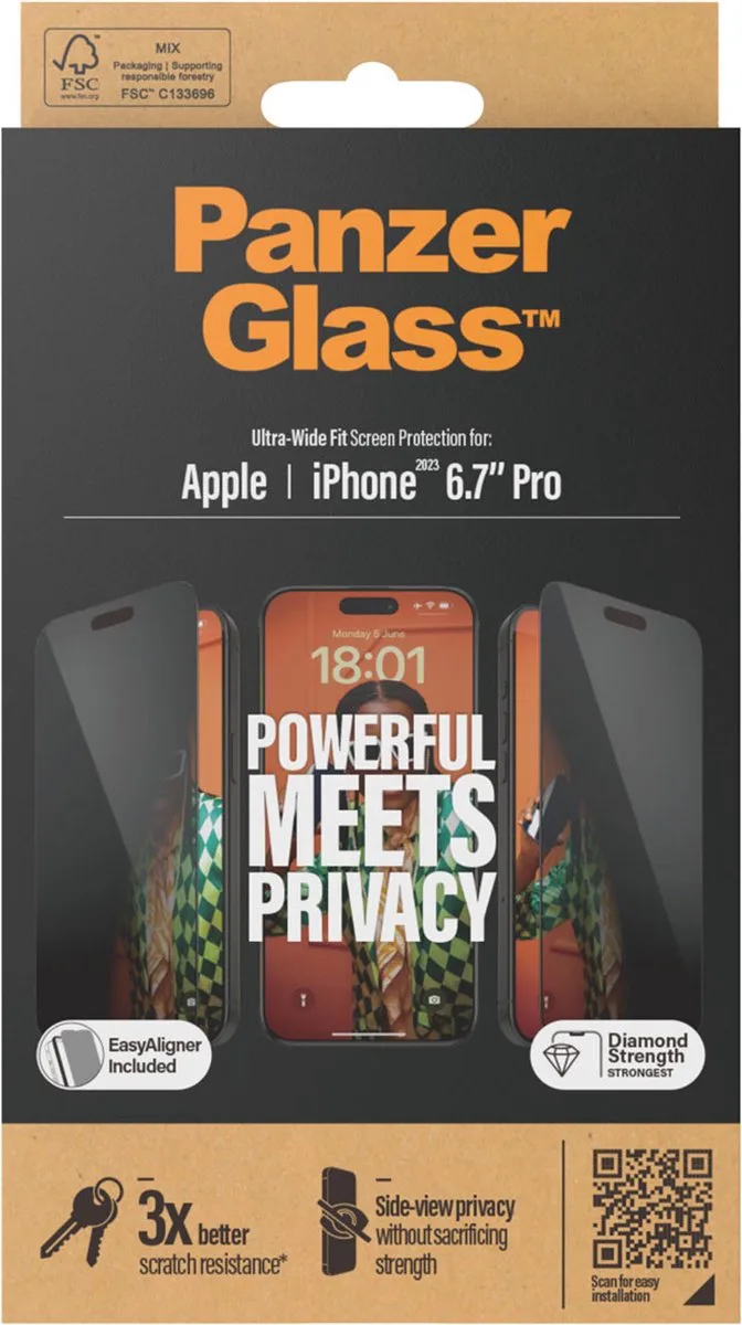 Screenprotector geschikt voor Apple iPhone 15 Pro Max Glazen | PanzerGlass Ultra-Wide Fit Screenprotector Privacy - Case Friendly + Installatie Frame van PanzerGlass – productfoto