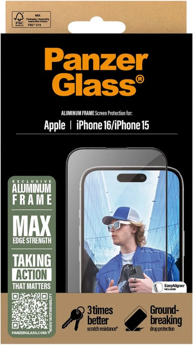 Screenprotector geschikt voor Apple iPhone 16 Glazen | PanzerGlass Ultra-Wide Fit Screenprotector - Case Friendly + Installatie Frame fra PanzerGlass – produktbillede