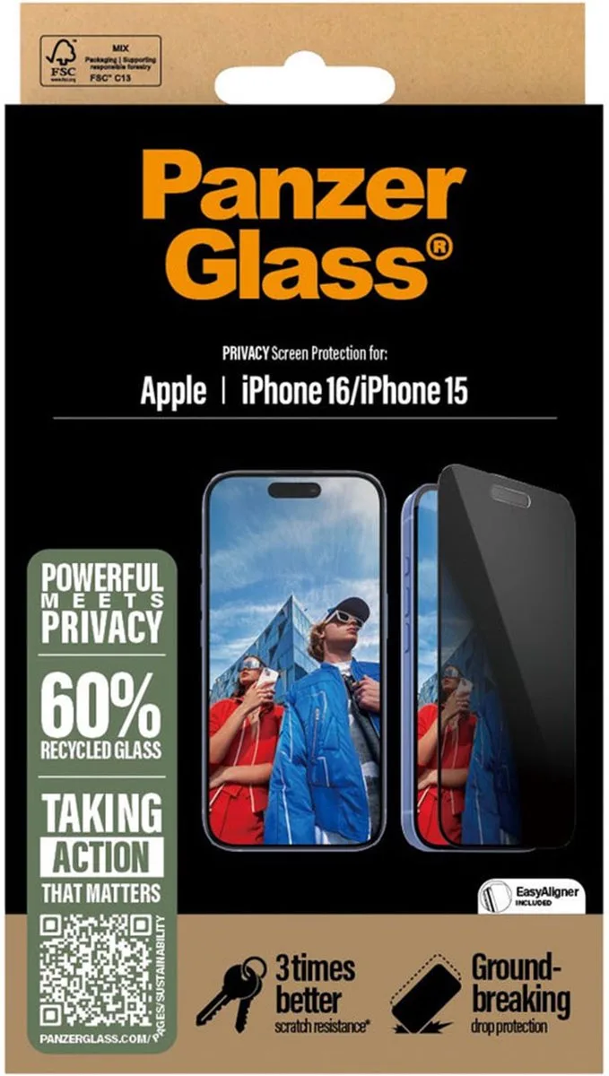 Screenprotector geschikt voor Apple iPhone 16 Glazen | PanzerGlass Ultra-Wide Fit Privacy Screenprotector Privacy - Case Friendly - Zwart fra PanzerGlass – produktbillede