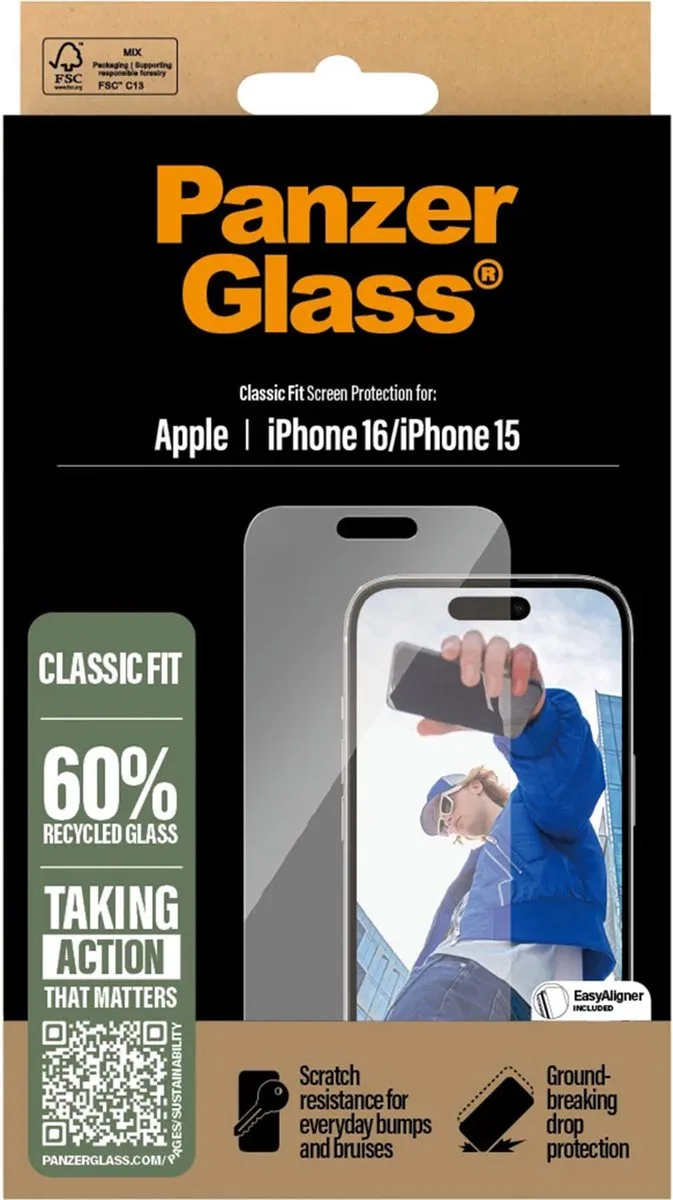 Screenprotector geschikt voor Apple iPhone 16 Glazen | PanzerGlass Classic Fit Screenprotector - Case Friendly van PanzerGlass – productfoto
