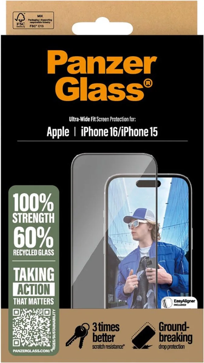 Screenprotector geschikt voor Apple iPhone 16 Glazen | PanzerGlass Ultra-Wide Fit Screenprotector - Case Friendly by PanzerGlass – product photo