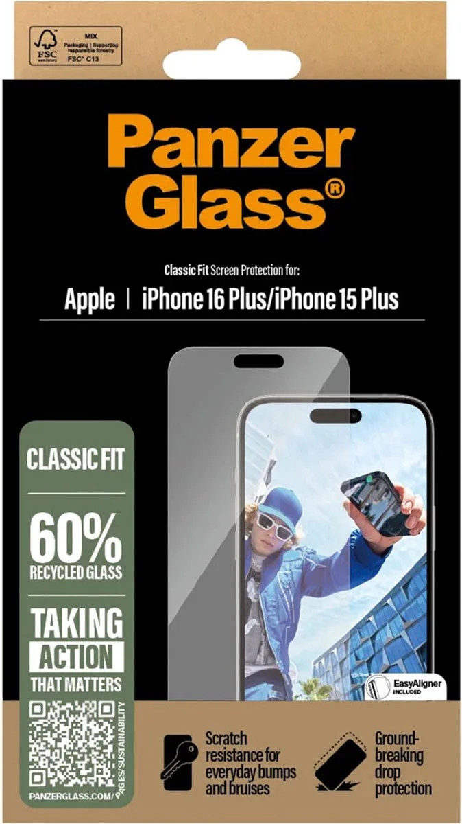 Screenprotector geschikt voor Apple iPhone 16 Plus Glazen | PanzerGlass Classic Fit Screenprotector - Case Friendly van PanzerGlass – productfoto