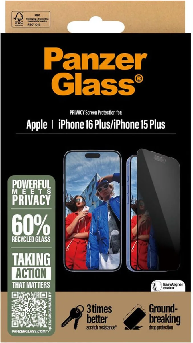 Screenprotector geschikt voor Apple iPhone 16 Plus Glazen | PanzerGlass Ultra-Wide Fit Privacy Screenprotector Privacy - Case Friendly - Zwart van PanzerGlass – productfoto