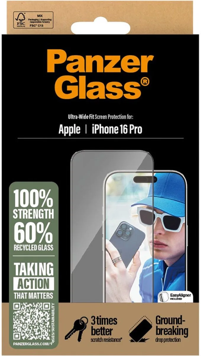 Screenprotector geschikt voor Apple iPhone 16 Pro Glazen | PanzerGlass Ultra-Wide Fit Screenprotector - Case Friendly von PanzerGlass – Produktfoto
