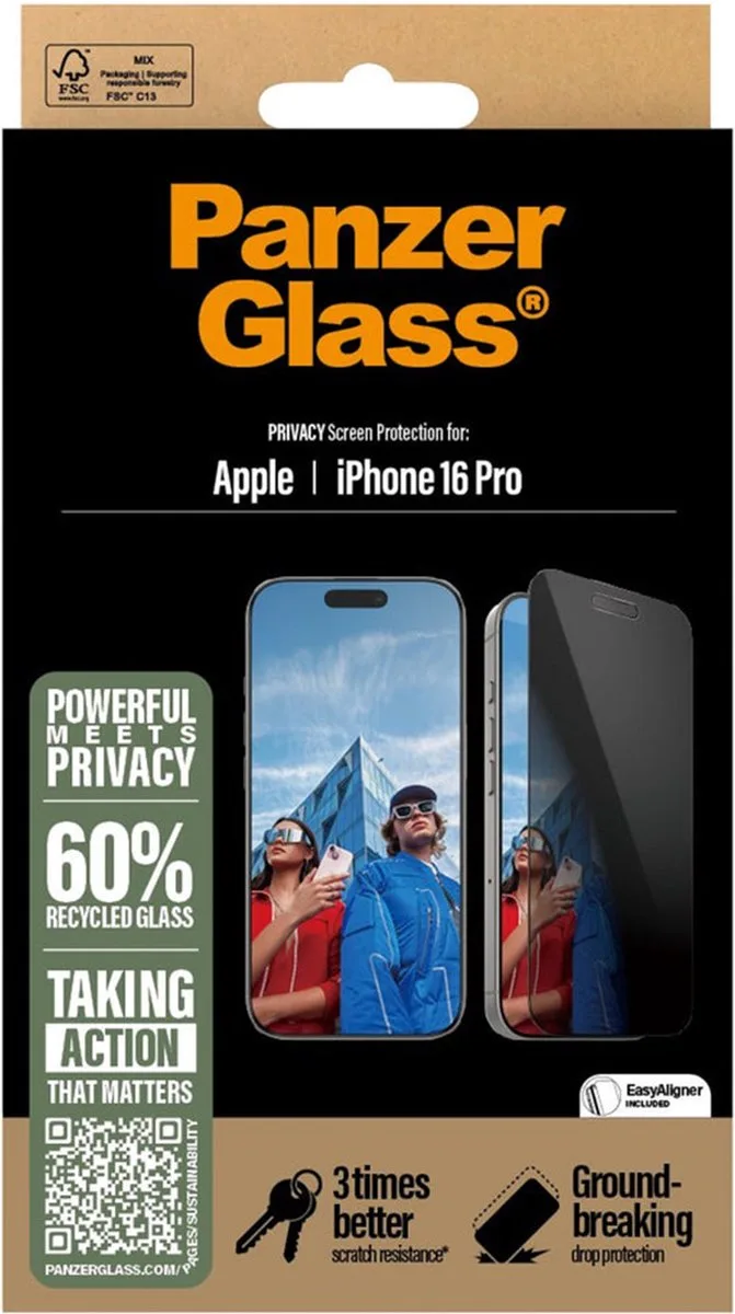 Screenprotector geschikt voor Apple iPhone 16 Pro Glazen | PanzerGlass Ultra-Wide Fit Privacy Screenprotector Privacy - Case Friendly - Zwart by PanzerGlass – product photo