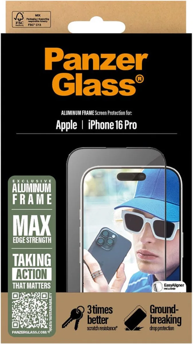 Screenprotector geschikt voor Apple iPhone 16 Pro Glazen | PanzerGlass Ultra-Wide Fit Screenprotector - Case Friendly + Installatie Frame by PanzerGlass – product photo