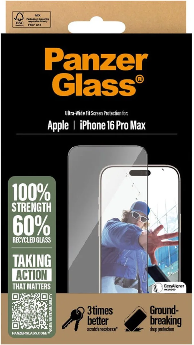 Screenprotector geschikt voor Apple iPhone 16 Pro Max Glazen | PanzerGlass Ultra-Wide Fit Screenprotector - Case Friendly van PanzerGlass – productfoto