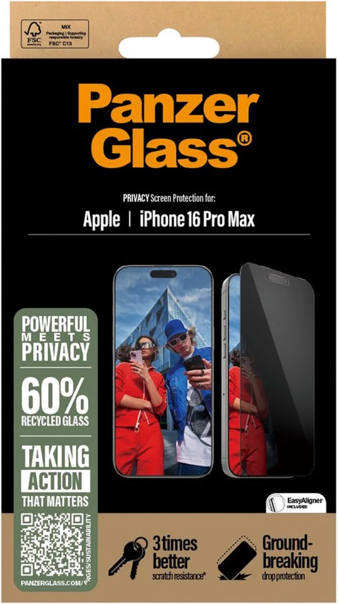 Screenprotector geschikt voor Apple iPhone 16 Pro Max Glazen | PanzerGlass Ultra-Wide Fit Privacy Screenprotector Privacy - Case Friendly - Zwart van PanzerGlass – productfoto