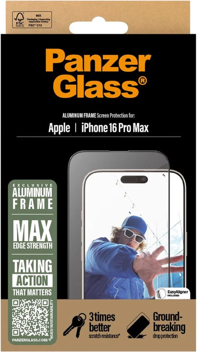 Screenprotector geschikt voor Apple iPhone 16 Pro Max Glazen | PanzerGlass Ultra-Wide Fit Screenprotector - Case Friendly + Installatie Frame van PanzerGlass – productfoto