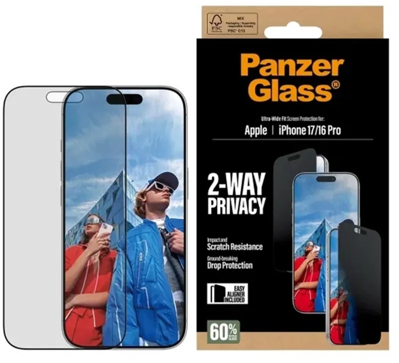 Screenprotector geschikt voor Apple iPhone 17 Glazen | PanzerGlass Ultra-Wide Fit Privacy Screenprotector Privacy - Case Friendly - Zwart van PanzerGlass – productfoto
