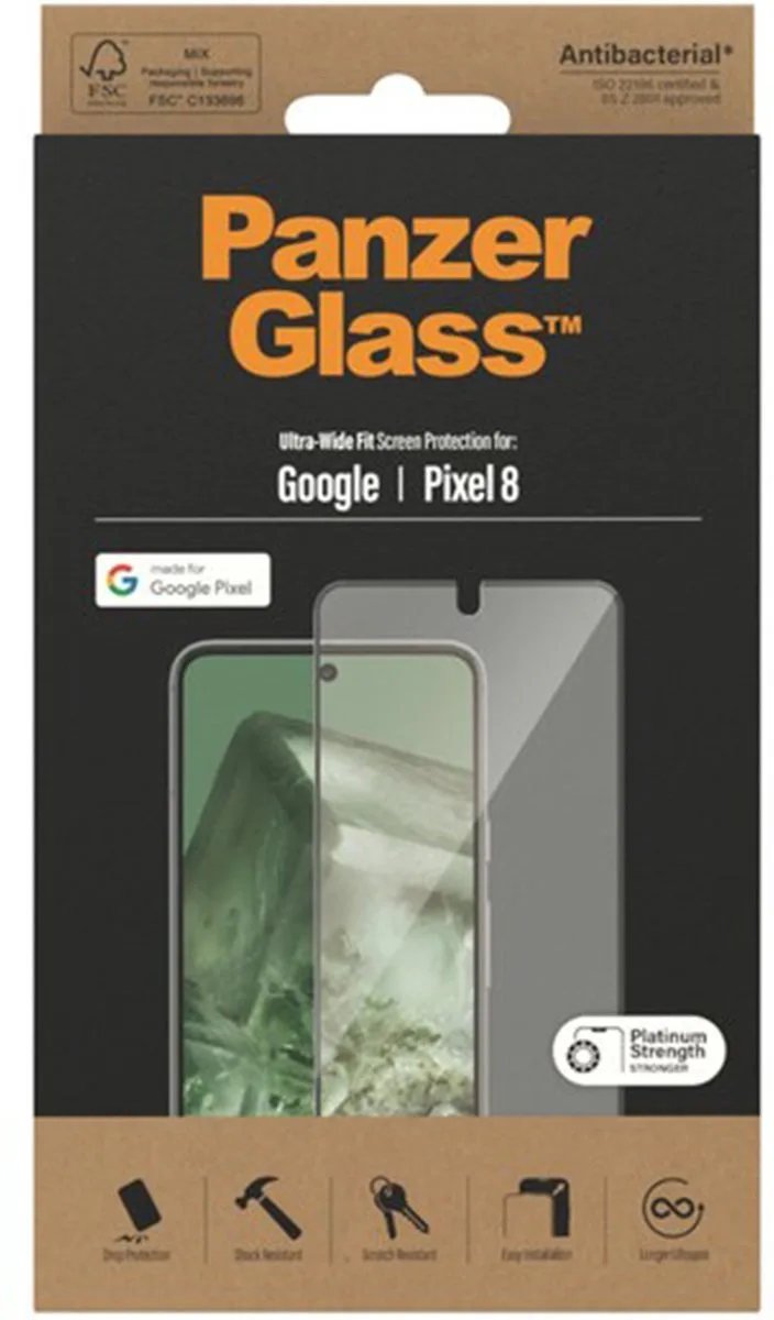 Screenprotector geschikt voor Google Pixel 8 Glazen | PanzerGlass Ultra-Wide Fit Screenprotector - Case Friendly - Zwart by PanzerGlass – product photo
