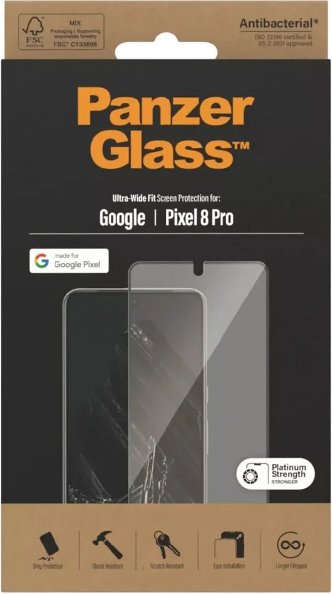 Screenprotector geschikt voor Google Pixel 8 Pro Glazen | PanzerGlass Ultra-Wide Fit Screenprotector - Case Friendly - Zwart by PanzerGlass – product photo