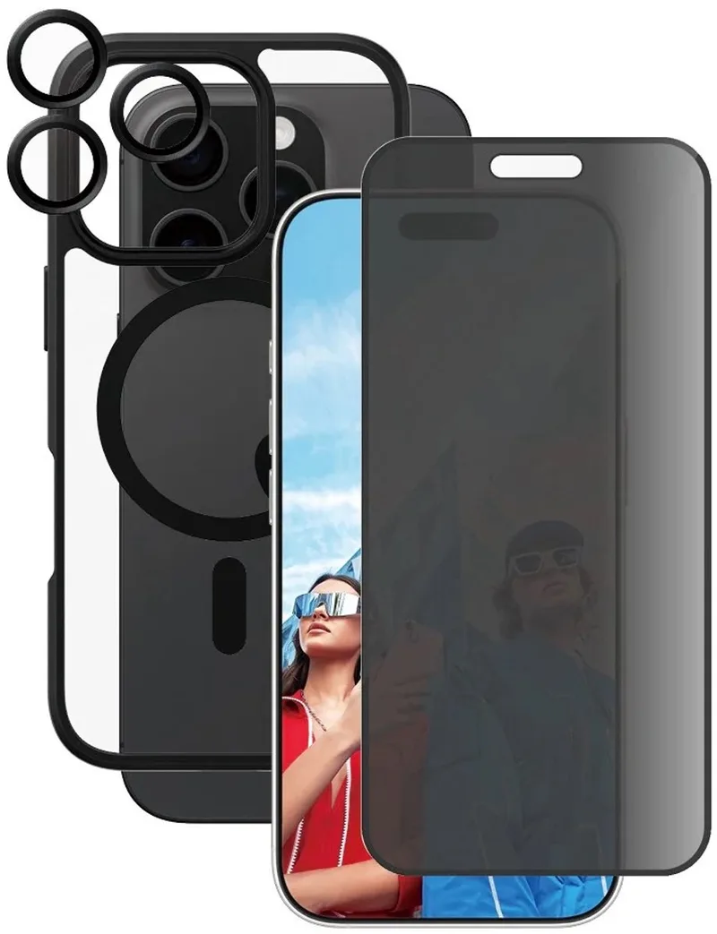 Screenprotector geschikt voor iPhone 16 Pro - 3-in-1 Privacy Flagship Pack, Transparant zwart fra PanzerGlass – produktbillede
