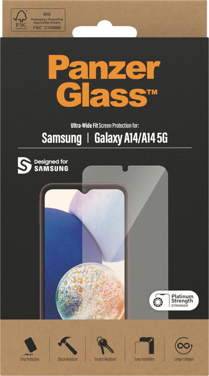 Screenprotector geschikt voor Samsung Galaxy A14 Glazen | PanzerGlass Ultra-Wide Fit Screenprotector - Case Friendly by PanzerGlass – product photo