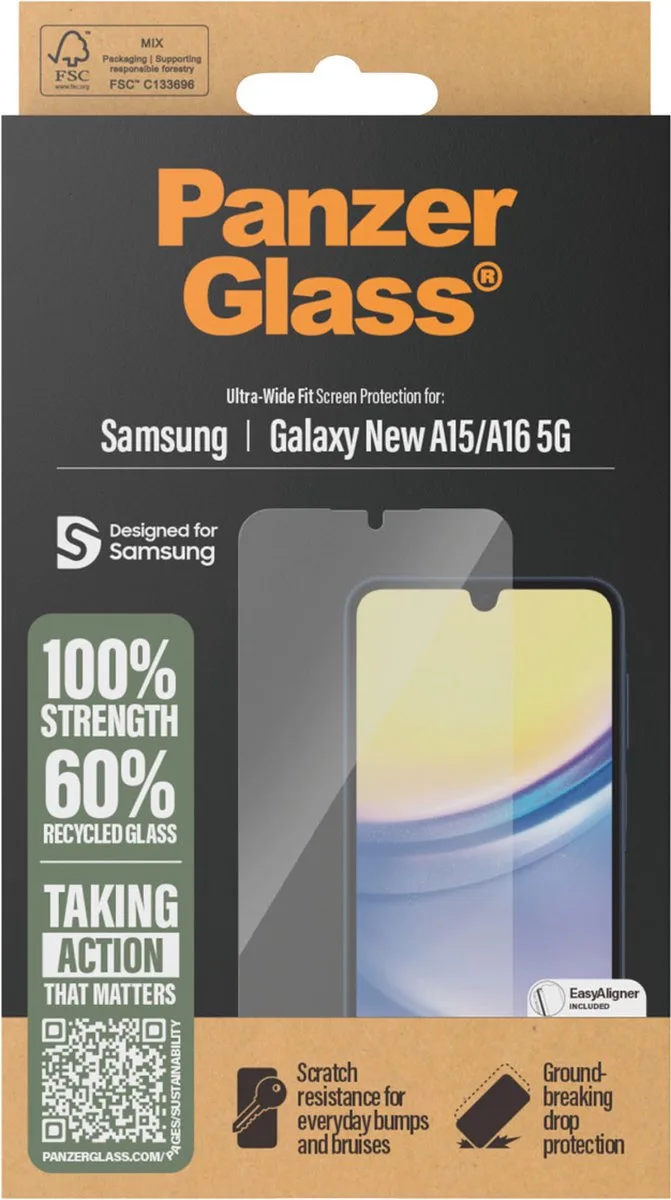 Screenprotector geschikt voor Samsung Galaxy A16 Glazen | PanzerGlass Ultra-Wide Fit Screenprotector - Case Friendly by PanzerGlass – product photo