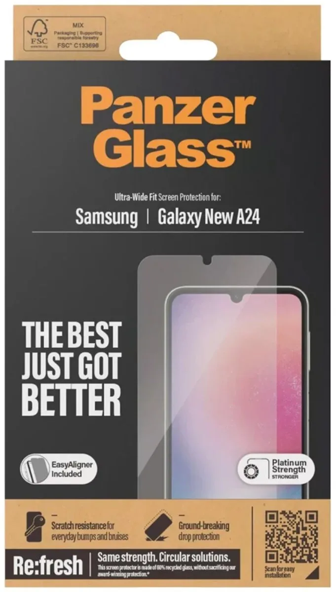 Screenprotector geschikt voor Samsung Galaxy A25 Glazen | PanzerGlass Ultra-Wide Fit Screenprotector - Case Friendly + Installatie Frame by PanzerGlass – product photo