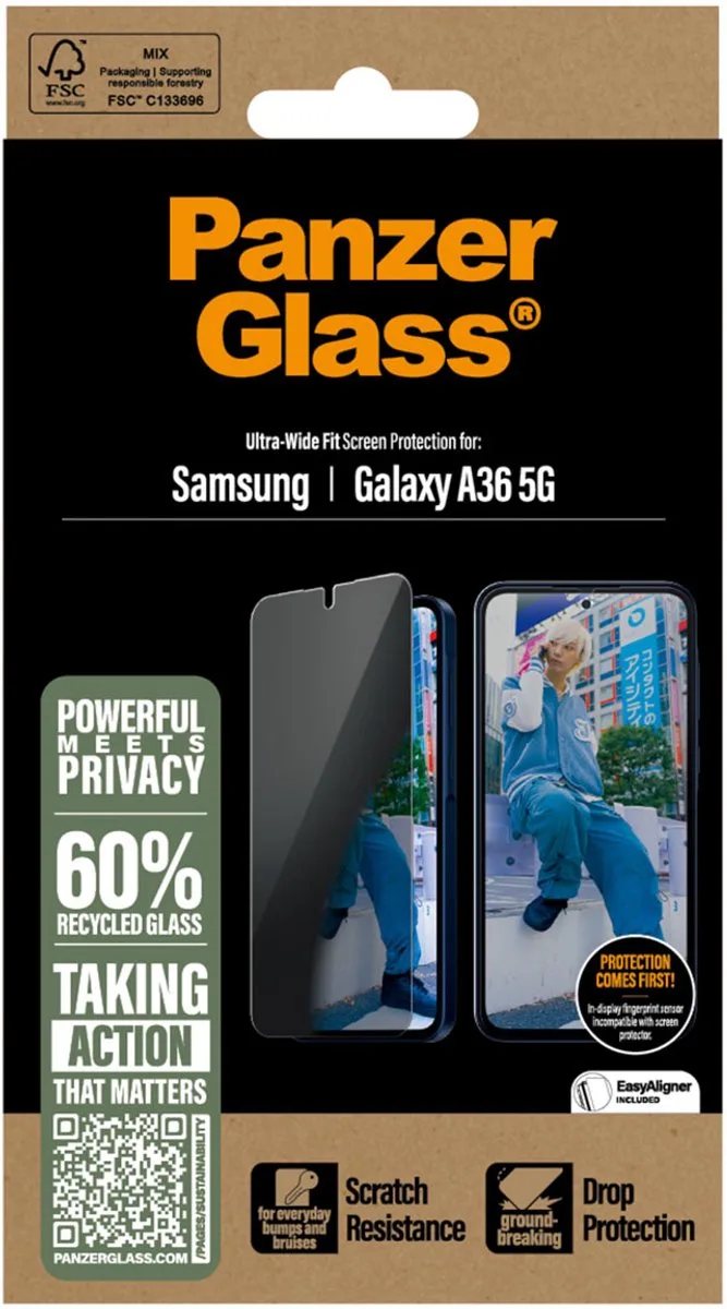 Screenprotector geschikt voor Samsung Galaxy A36 Glazen | PanzerGlass Ultra-Wide Fit Privacy Screenprotector Privacy - Case Friendly - Zwart fra PanzerGlass – produktbillede