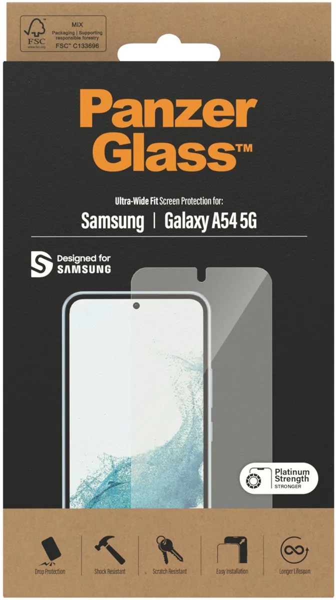 Screenprotector geschikt voor Samsung Galaxy A54 Glazen | PanzerGlass Ultra-Wide Fit Screenprotector - Case Friendly fra PanzerGlass – produktbillede