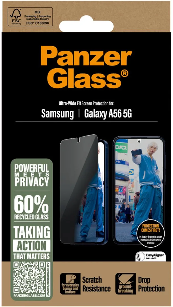 Screenprotector geschikt voor Samsung Galaxy A56 Glazen | PanzerGlass Ultra-Wide Fit Privacy Screenprotector Privacy - Case Friendly - Zwart van PanzerGlass – productfoto