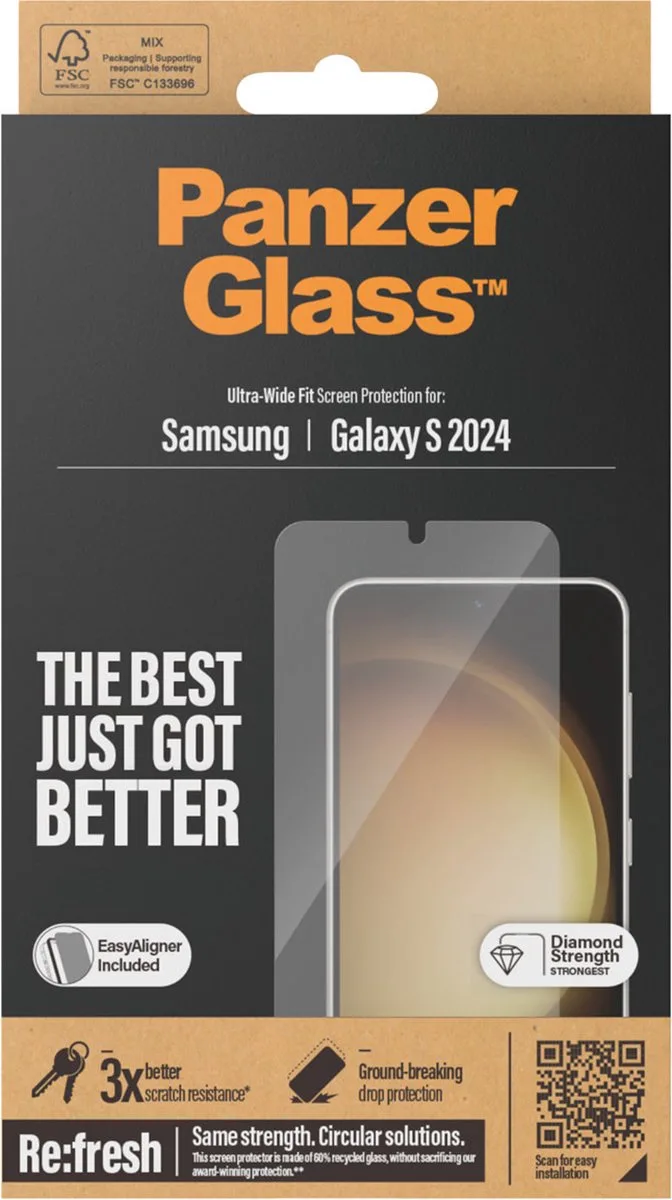 Screenprotector geschikt voor Samsung Galaxy S24 Glazen | PanzerGlass Ultra-Wide Fit Screenprotector - Case Friendly + Installatie Frame från PanzerGlass – produktbild