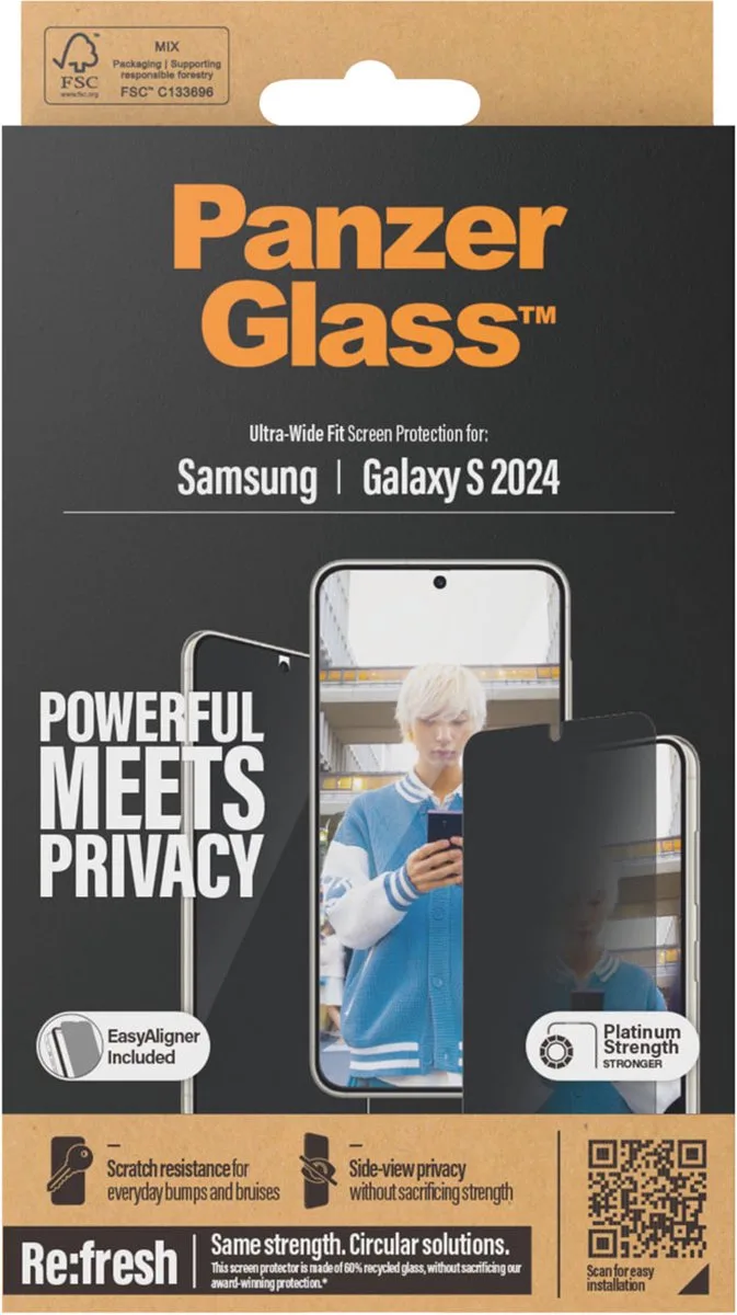 Screenprotector geschikt voor Samsung Galaxy S24 Glazen | PanzerGlass Ultra-Wide Fit Screenprotector Privacy - Case Friendly från PanzerGlass – produktbild