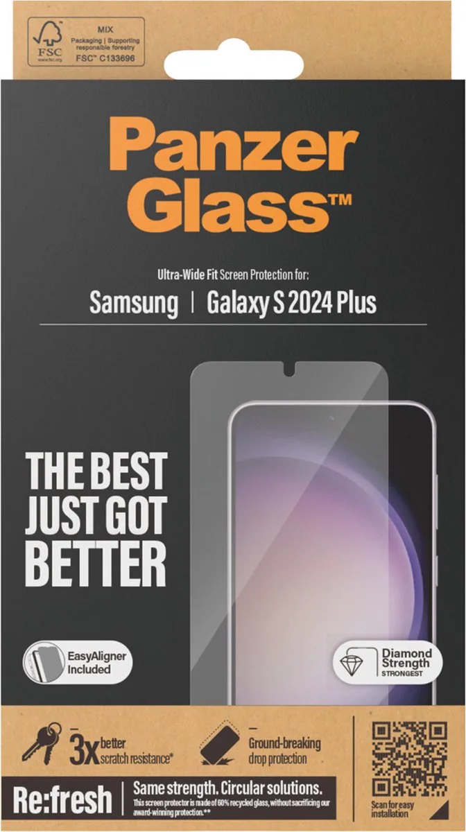 Screenprotector geschikt voor Samsung Galaxy S24 Plus Glazen | PanzerGlass Ultra-Wide Fit Screenprotector - Case Friendly + Installatie Frame by PanzerGlass – product photo