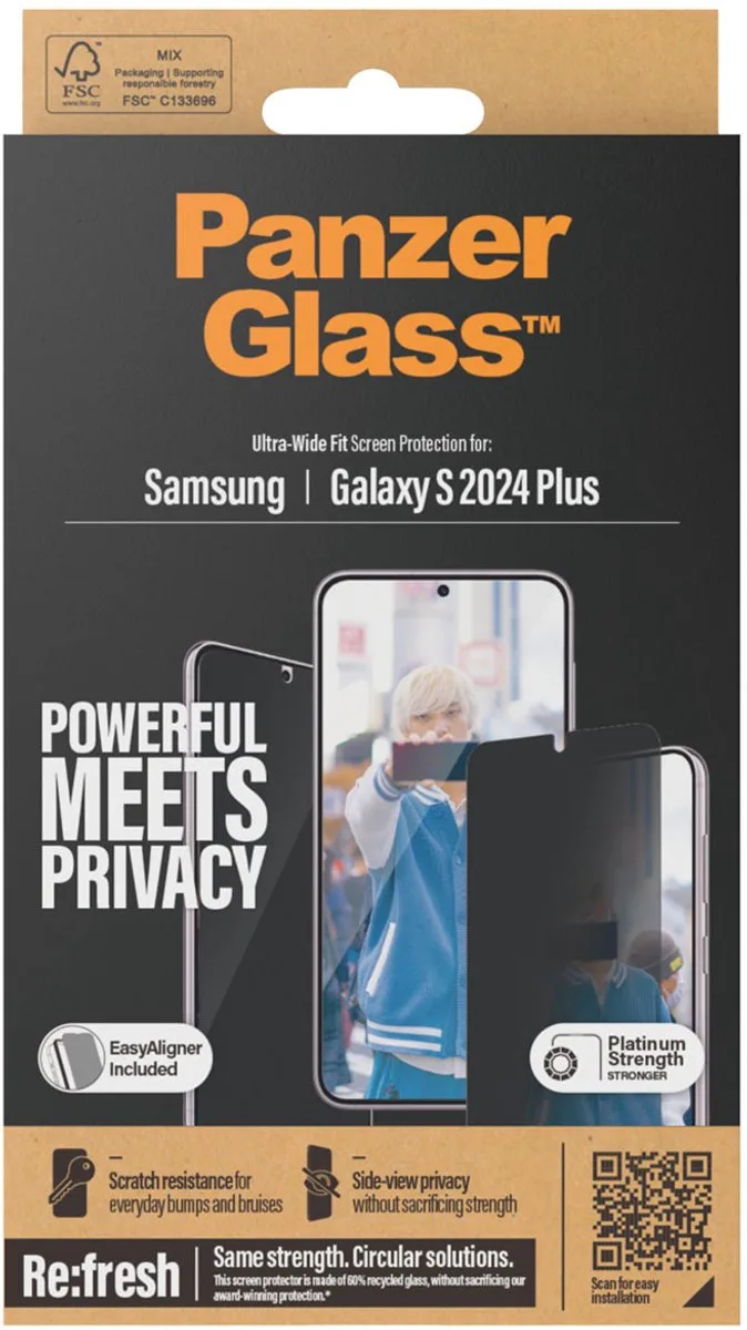 Screenprotector geschikt voor Samsung Galaxy S24 Plus Glazen | PanzerGlass Ultra-Wide Fit Screenprotector Privacy - Case Friendly by PanzerGlass – product photo