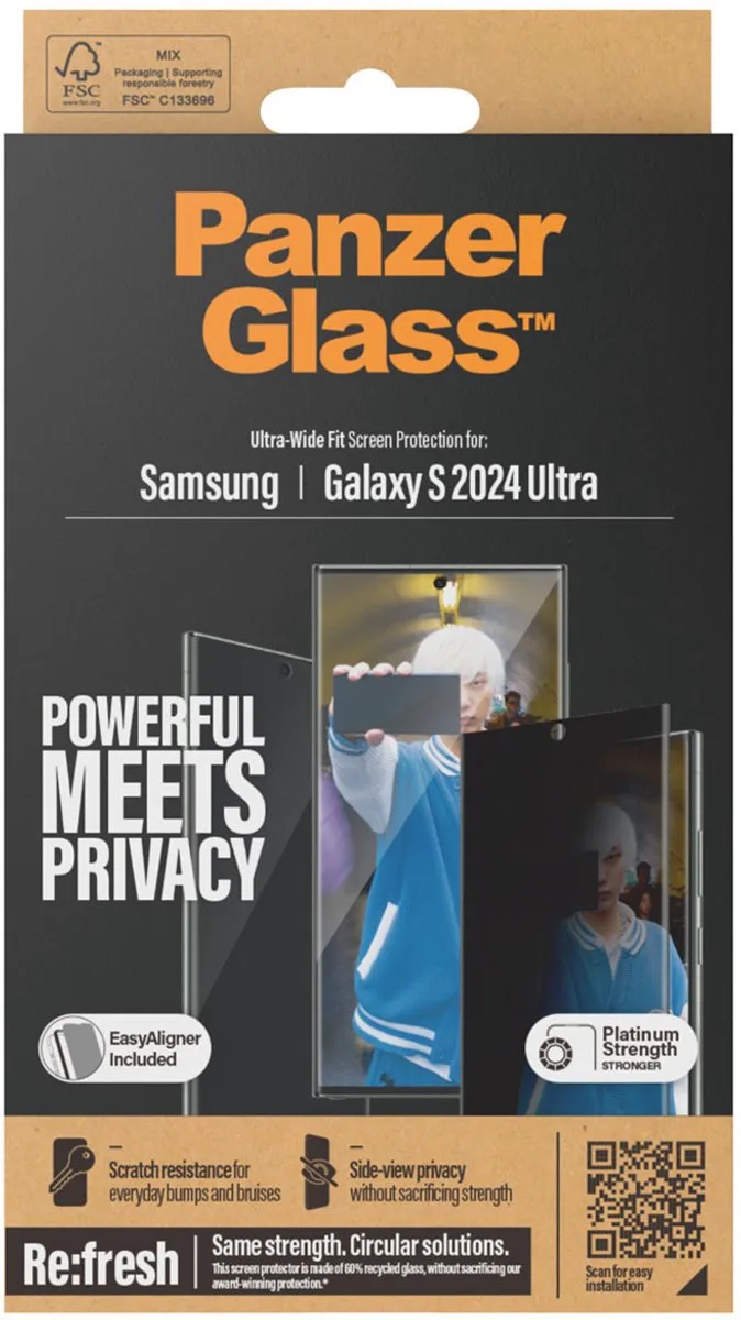 Screenprotector geschikt voor Samsung Galaxy S24 Ultra Glazen | PanzerGlass Ultra-Wide Fit Screenprotector Privacy - Case Friendly by PanzerGlass – product photo