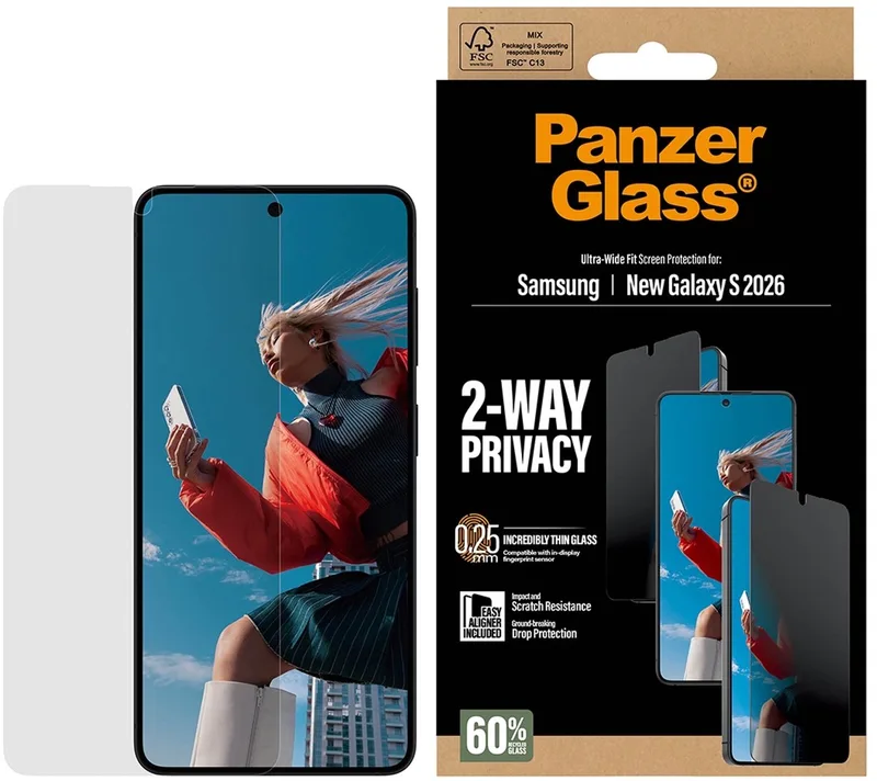 Screenprotector geschikt voor Samsung Galaxy S26 Glazen | PanzerGlass Ultra-Wide Fit Privacy Screenprotector Privacy - Case Friendly - Zwart de PanzerGlass – photo produit