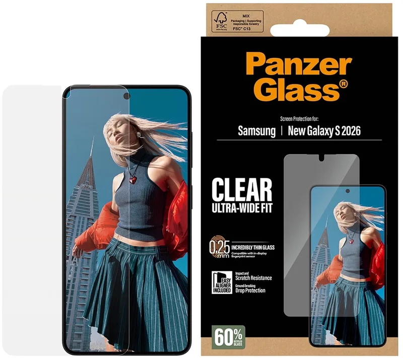 Screenprotector geschikt voor Samsung Galaxy S26 Glazen | PanzerGlass Ultra-Wide Fit Screenprotector - Case Friendly van PanzerGlass – productfoto