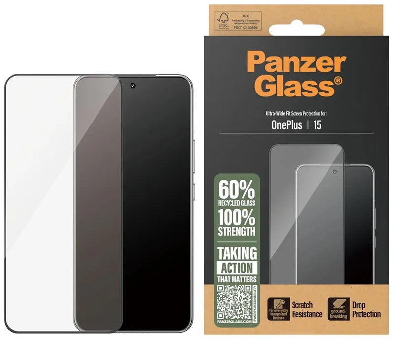 Ultra-Wide Fit Anti-Bacterial Screenprotector incl. applicator voor de OnePlus 15 från PanzerGlass – produktbild