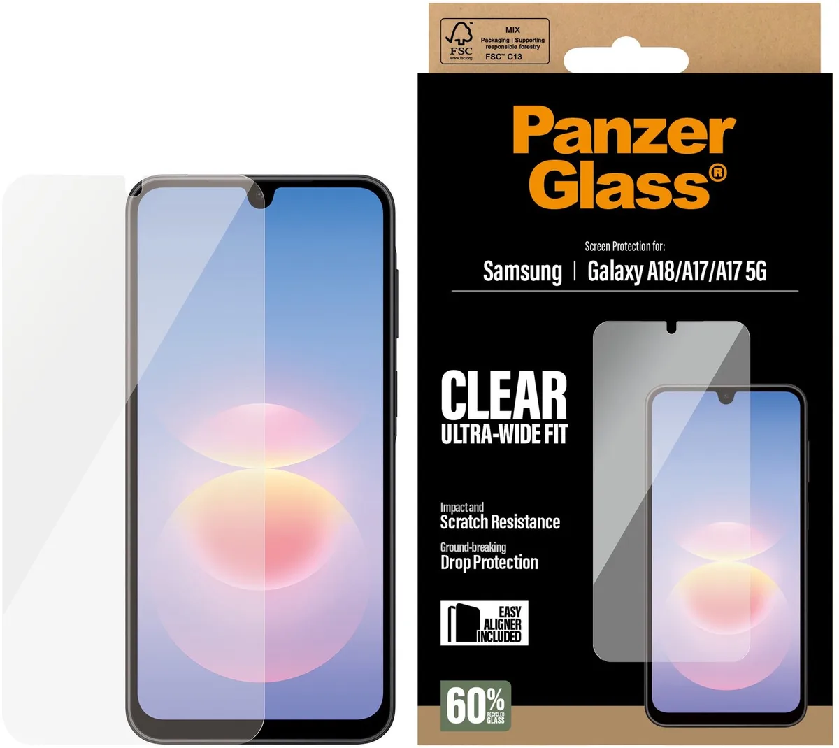 Ultra-Wide Fit Anti-Bacterial Screenprotector incl. applicator geschikt voor Samsung Galaxy A18 (4G) von PanzerGlass – Produktfoto