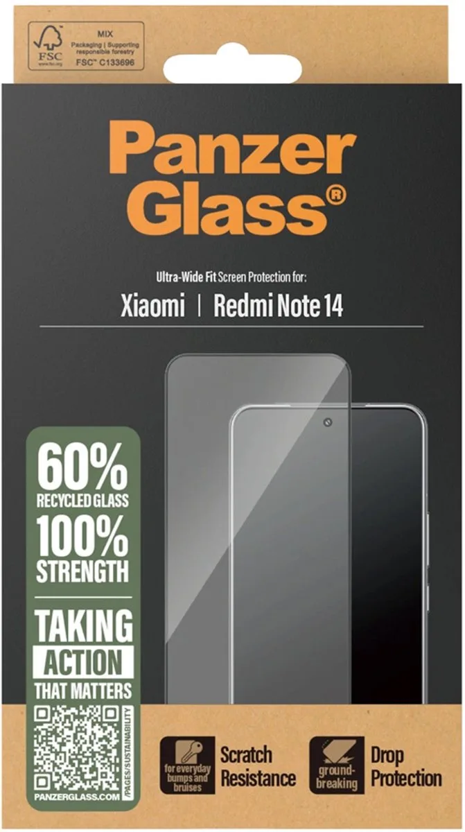 Ultra-Wide Fit Anti-Bacterial Screenprotector voor de Xiaomi Redmi Note 14 (4G) från PanzerGlass – produktbild