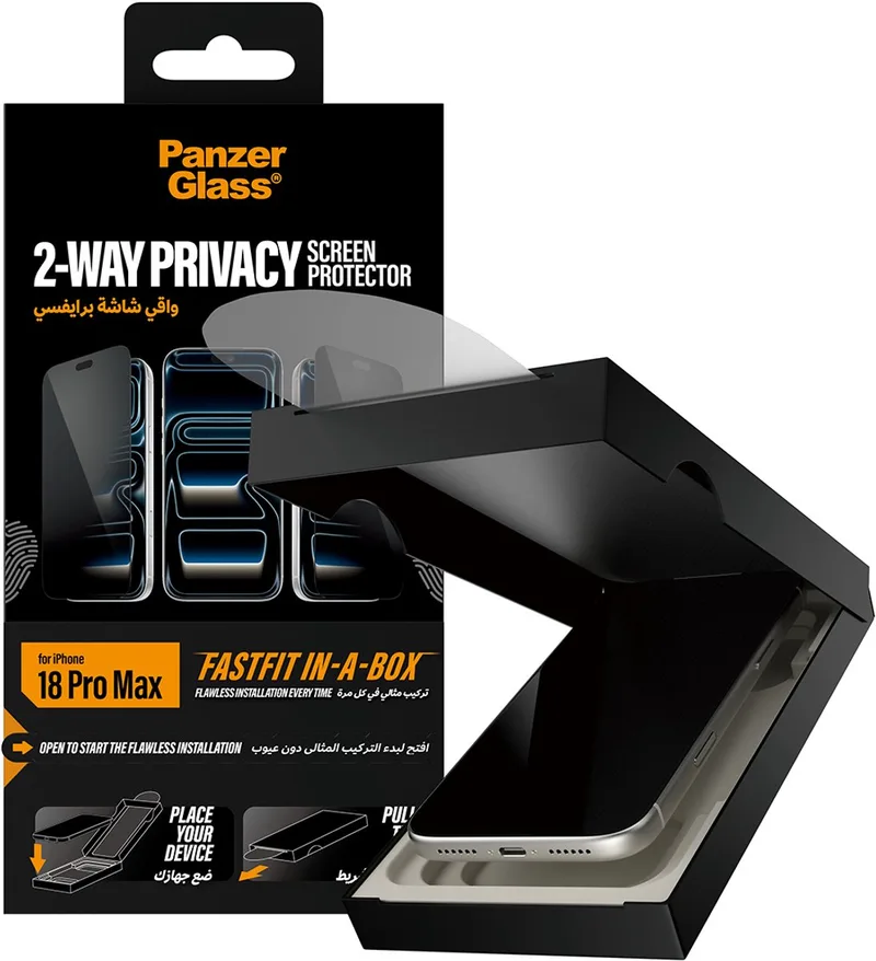 Ultra Wide Fit FastFit in-a-box Privacy Screenprotector geschikt voor Apple iPhone 18 Pro Max från PanzerGlass – produktbild