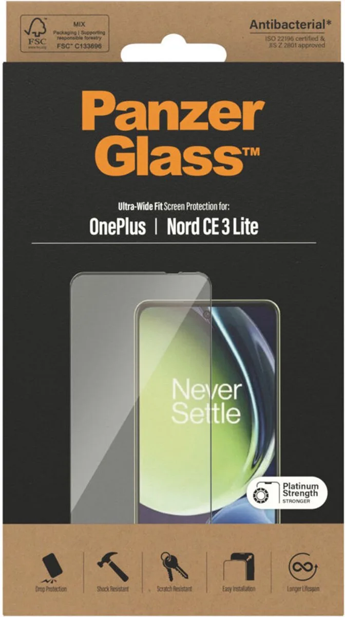 Ultra-Wide Fit Screen Protector Geschikt voor OnePlus Nord CE 3 Lite - Case Friendly Tempered Glass - Antibacterieel - Zwart by PanzerGlass – product photo
