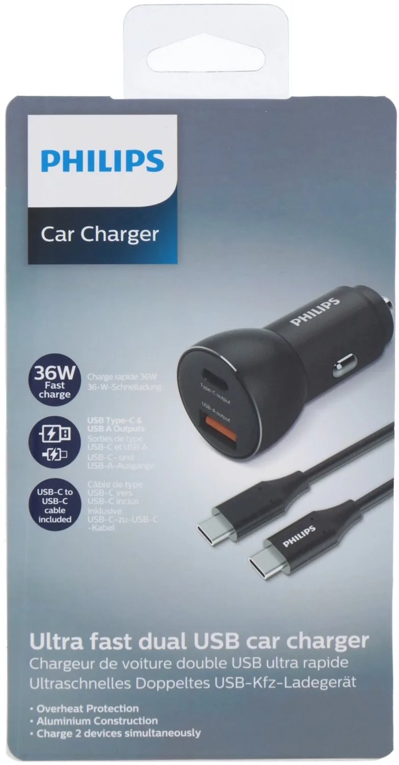 Autolader USB A-C - DLP2521C/04 - incl. USB-C-Lightning Oplaadkabel - Sigarettenaansteker - iPhone Oplader - 36W Fast Charge de Philips en Noir – photo produit