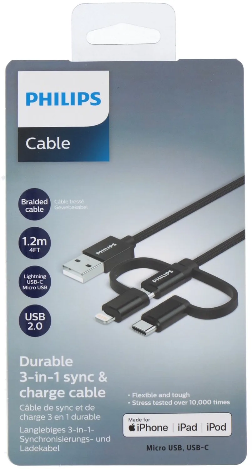 Oplaadkabel DLC5204C/00 - 3-in-1: Micro-USB, USB-C en Lightning - 1,2 Meter de Philips en Noir – photo produit