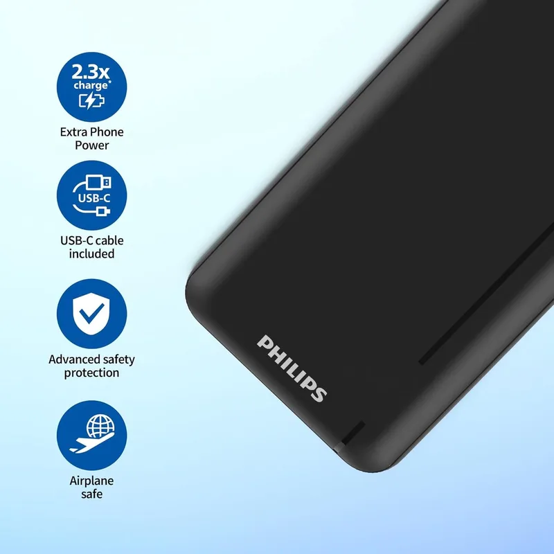 Powerbank - 10.000 mAh - Snelladen - 2x USB-A & 1x USB-C från Philips i Svart – produktbild
