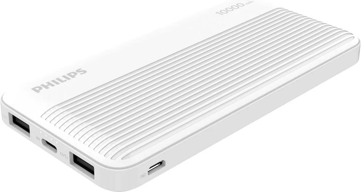 Powerbank 10000 mAh DLP7719N/04 - 2 USB-A Uitgangen - Micro-USB en USB-C Ingangen - Incl. Micro-USB Kabel - 20 x 11 x 3 CM fra Philips i Hvid – produktbillede