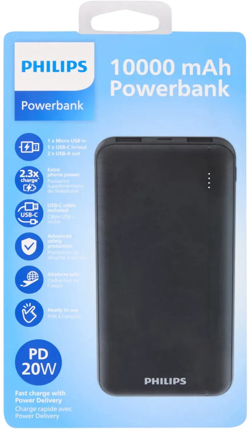 powerbank 20 watt | 10.000 mAh van Philips in Zwart – productfoto