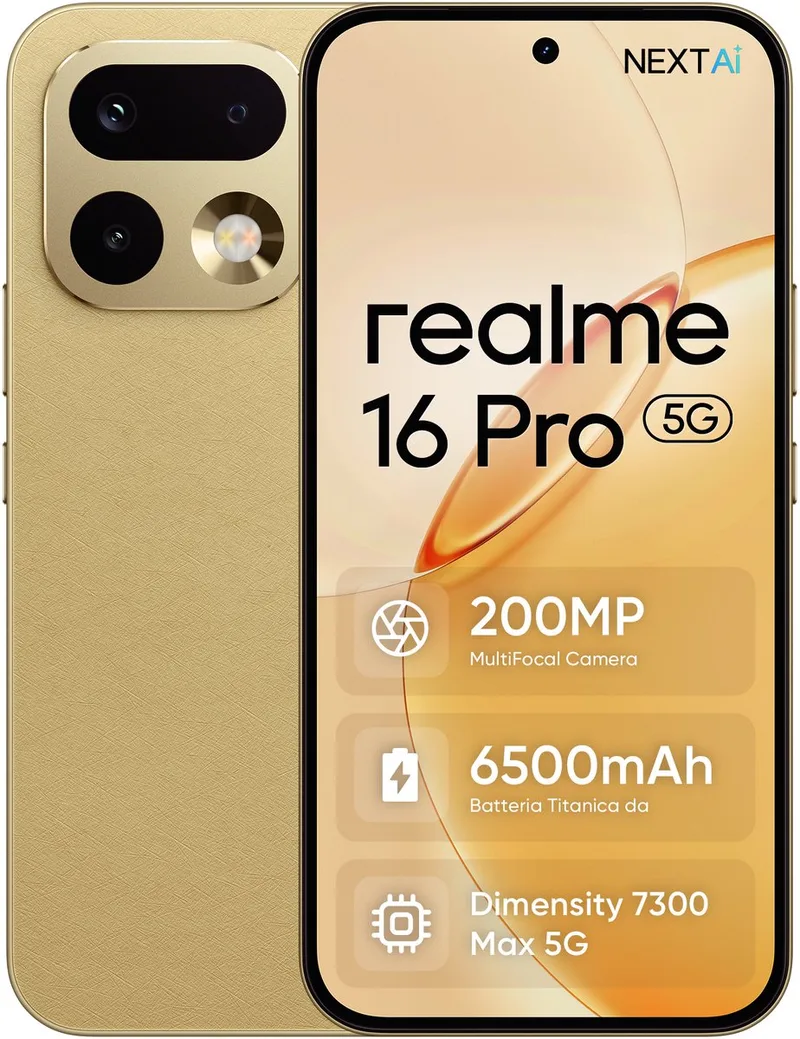 Realme 16 Pro 5G - 8 GB 256 GB - 108MP Portrait Camera 6000mAh IP68 120Hz AMOLED by realme in Gold – product photo
