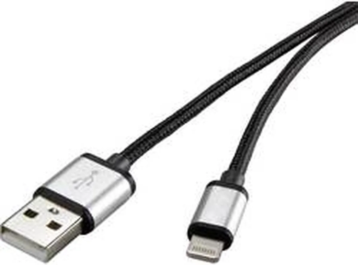 RF4683966 USB-kabel USB 2.0 USB-A stekker, Apple Lightning stekker 3.00 m Stoffen mantel van Renkforce in Donkergrijs – productfoto