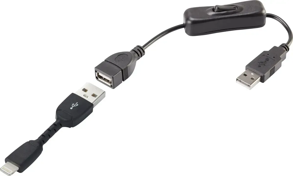 USB-kabel USB 2.0 USB-A-hanstik, Apple Lightning-stik 0.30 m Inkl. tænd-sluk-kontakt, forgyldte stik RF-3346622 von Renkforce in Schwarz – Produktfoto